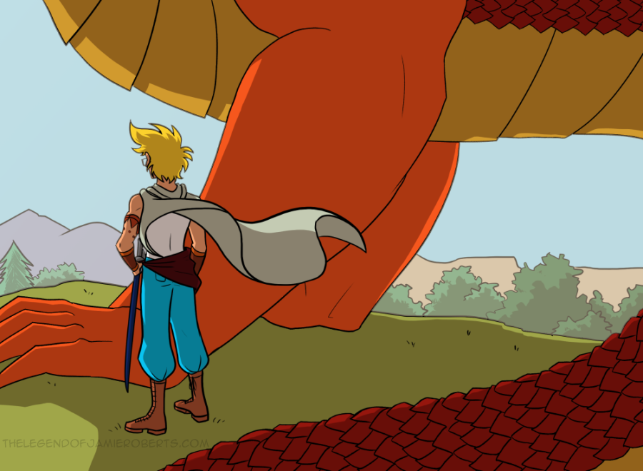 we see a close up from behind on two figures. One is an enormous red dragon with orange arms and yellow belly scales. It's so large we only see the arms, belly, and tail. Next to the dragon is a blonde human with tanned peach skin, wearing bright clothes and a green cape, a sword on their belt. The figure and dragon are gazing out to the horizon